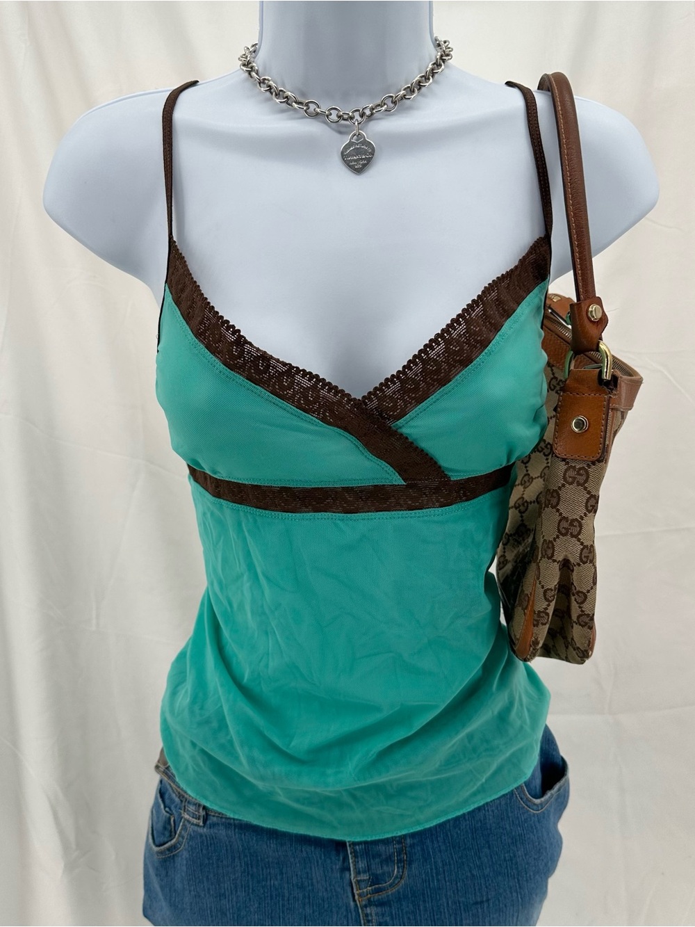 Teal and Brown Babydoll 2000s Old Navy Lace Cami Top